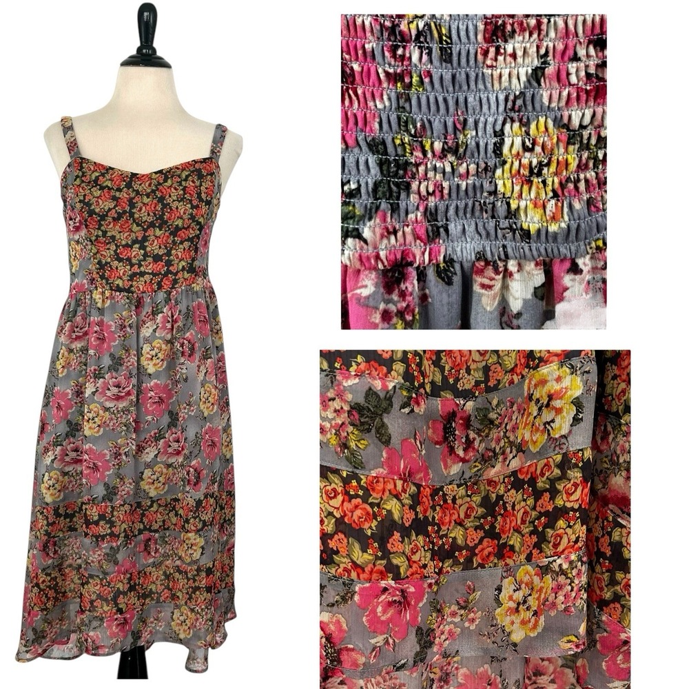 MUDD Mixed Floral Print Sheer Smocked Sun DRESS M Babydoll Y2K Boho Festival